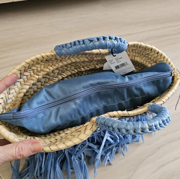 Caterina Bertini Fringe Straw Mini Tote Blue Made In Italy - Picture 7 of 17